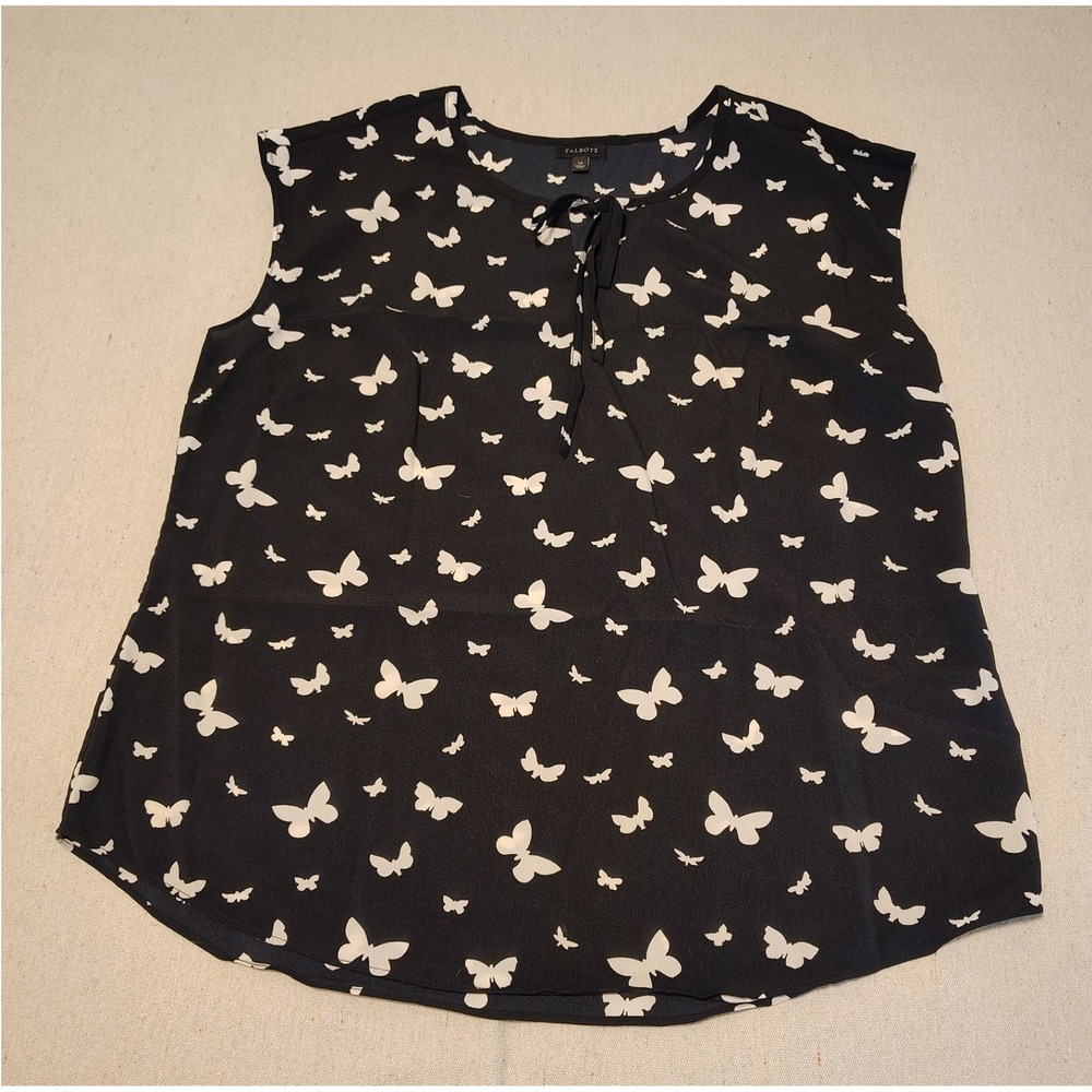Talbots Womens 14 Black White Butterfly Print Sleeveless Tie Neck Blouse Top